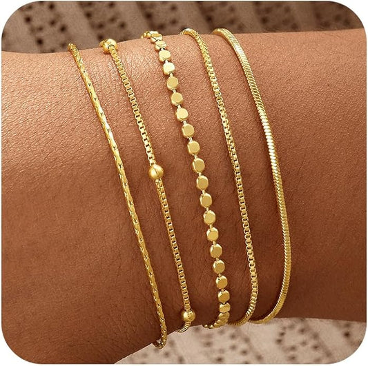 Gold Bracelets for Women, 14K Gold Plated Stackable Bracelet Stack Set Adjustable Charm Paperclip Chain Snake Link Layered Waterproof Jewelry Sets Gifts