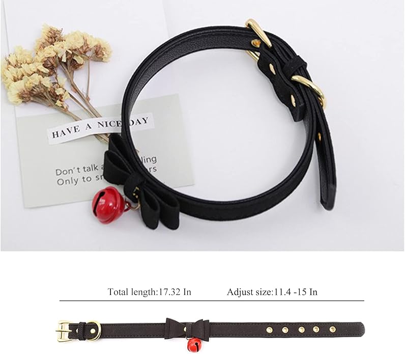 Leather Collar Necklace for Women with Bow Bell Kitty Cat and Delicate Tea flower pearl pendant Choker for Ladies Black Pink Red