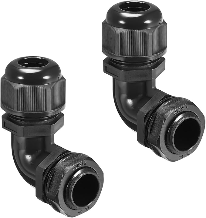 LeMotech M20 Cable Gland, 90 Degree Adjustable 9-14mm Strain Relief, Cord Connectors Nylon Joints with Gaskets, 2 Pcs, Black