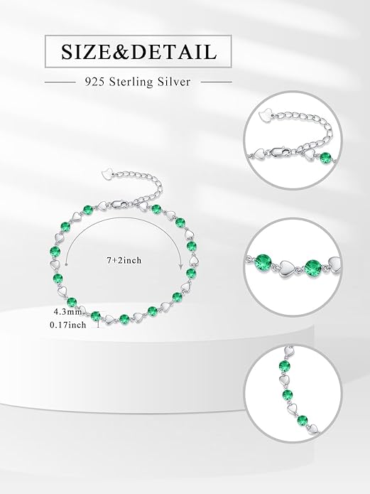 Birthstone Charm Link Bracelet 925 Sterling Silver Rose/Heart/Mom Bracelet with 12 Months Birthstone Mother's Day Gift Jewelry Gifts for Women,Chain Length 7"+2" Extend