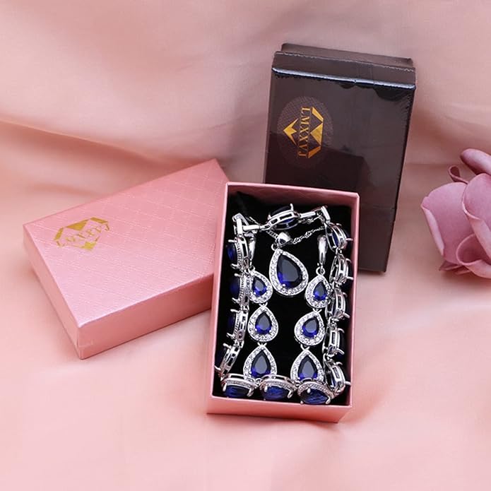 LMXXVJ Necklace Long Earrings Bracelet Set, White Gold Plated Created Blue Sapphire Jewelry Set Wedding Party Gift Jewelry for Women Bridal Bridesmaid