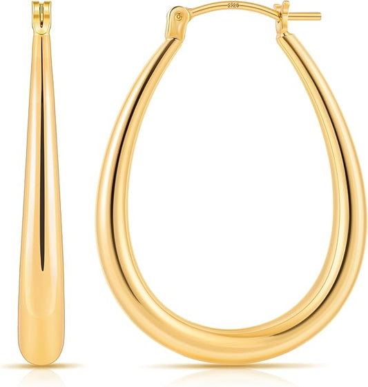 Gacimy Chunky Hoop Earrings for Women, 14K Gold Plated Oval Hoop Earrings with 925 Sterling Silver Post