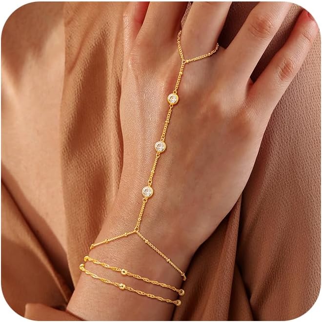 Valentine Gift 14K Gold Plated Hand Chain Bracelet for Women Trendy, 2 Pcs Stackable Gold/Silver Finger Ring Bracelet Hand Chain Dainty Non Tarnish Waterproof Set Jewelry Adjustable 7'+2