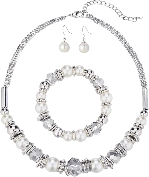 PEARL&CLUB Silver Beaded Statement Necklaces for Women Chunky Bead Necklace Bracelet and Earring Costume Jewelry Sets Gifts for Mom