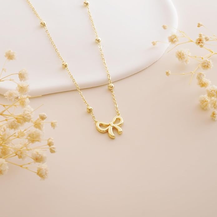 Valentines Day Gifts for Her - Dainty Bow Necklace for Women 14K Gold Plated Cute Choker Small Pendant Charm Necklaces Teen Gift Trendy Stuff Personalized Jewelry