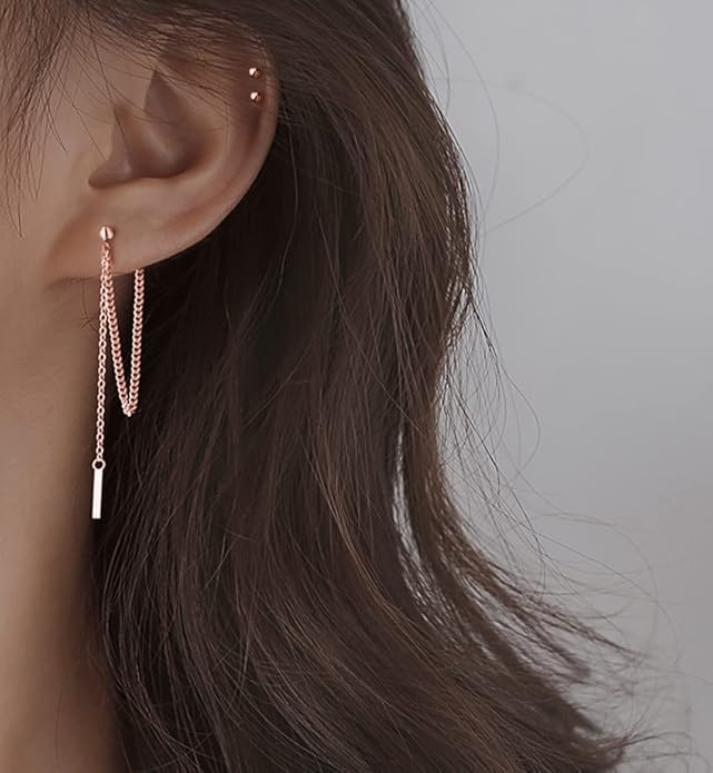 SLUYNZ Solid 925 Sterling Silver Bar Dangle Earrings for Women Minimalist Dangle Earrings Threader Chain