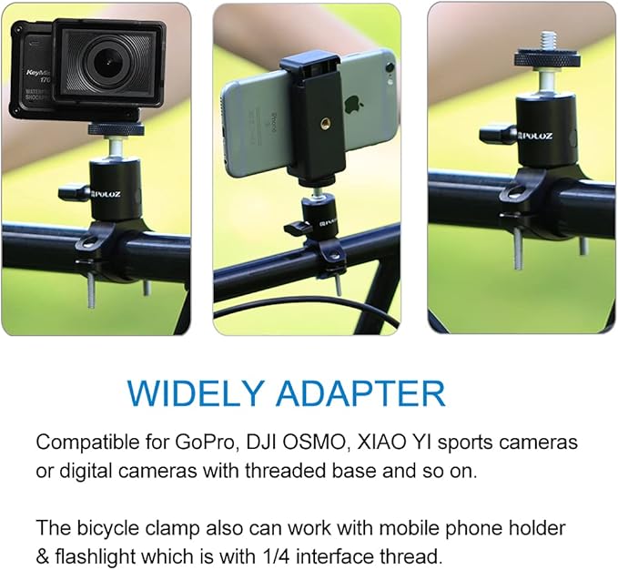 PULUZ Camera Handlebar Mount for Gopro Bike Motorcycle Mount, Aluminum Bicycle Camera Adapter Mount Holder for GoPro Hero 12/11/10/9/8/7 All Model/DJI OSMO Action Camera Accessories