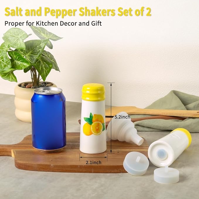 Salt and Pepper Shakers Set - HAPPY KIT 2-Count Ceramic Salt and Pepper Grinder Set with Silicone Lid and Funnel for Table, RV, Camp, BBQ Gift Box Ready (Lemon)