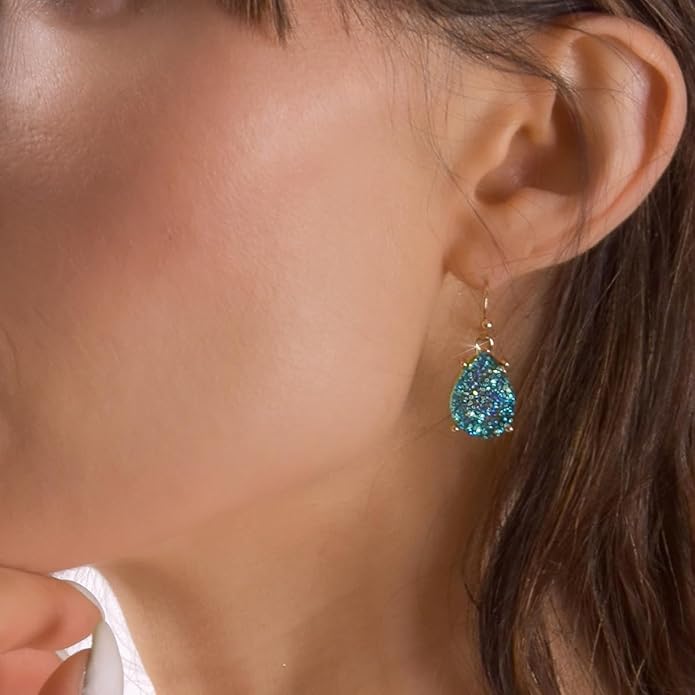 Teardrop Dangle Earrings for Women with Simulated Druzy Stones in Gold or Silver Tone