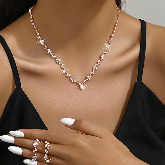 Unicra Bride Crystal Necklace Earrings Set Bridal Wedding Jewelry Sets Rhinestone Choker Necklace Costume Jewelry Set for Women and Brides (3 piece set - 2 earrings and 1 necklace)