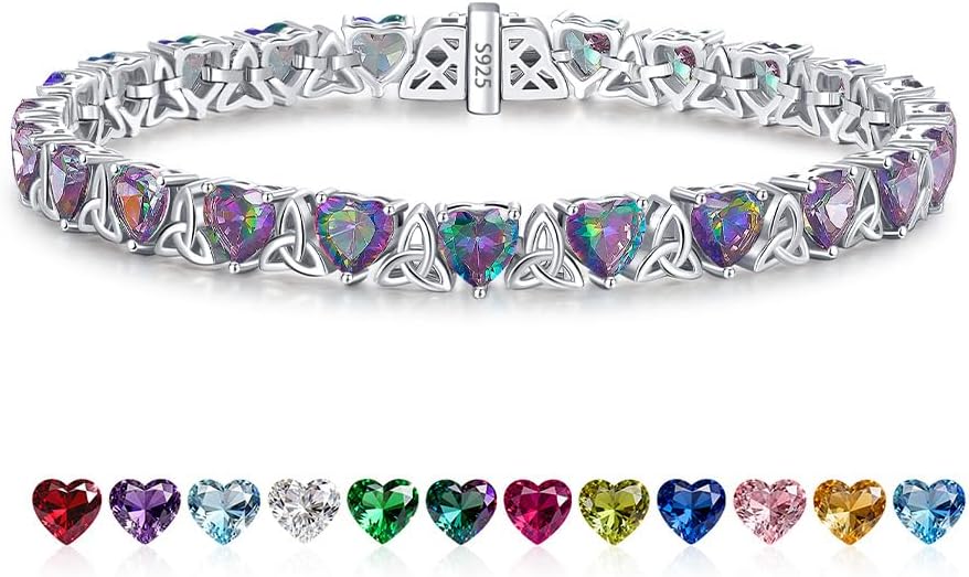 Birthstone Tennis Bracelets for Women, 925 Sterling Silver Heart Shaped Celtic Trinity Knot, 7 Inch Charm Trendy Hypoallergenic Anniversary Birthday Gifts for Her