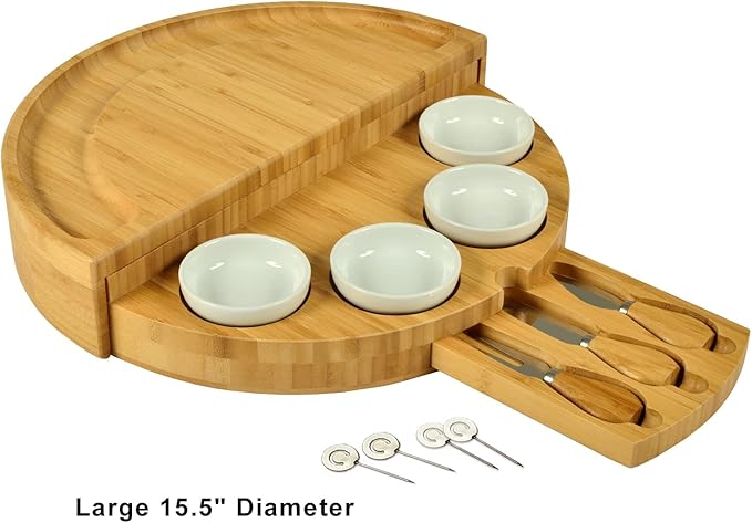 Picnic at Ascot Deluxe Bamboo Cheese/Charcuterie Board with Accessories & Cheese Markers - Innovative Patented Design - Quality Assured in The USA