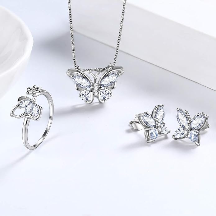 Aurora Tears Butterfly Jewelry,Women 925 Sterling Silver Butterflies Birthstone Pendant Necklace/Earrings/Rings Wedding Gift