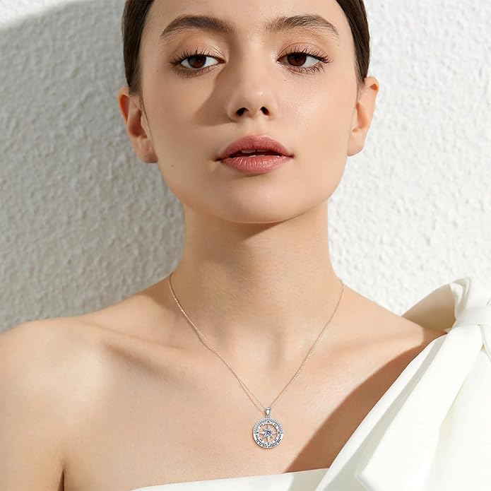 Compass Birthstone Necklace Gift for 2025 Graduation 925 Sterling Silver Compass ‘I'd be Lost Without You’ Pendant Necklaces Jewelry for Women Her Wife Gift for Birthday Anniversary