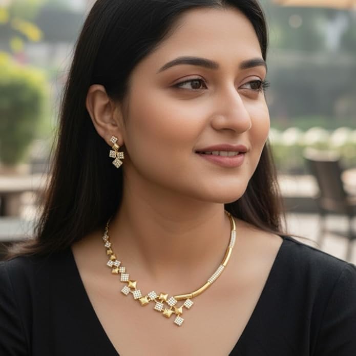 Nilu's Collection American Diamond Stone Studded | Rose Gold/Silver Plated | Anti Tarnish Jewellery Set for Women | Matching Earrings Perfect for Weddings and Special Occasions