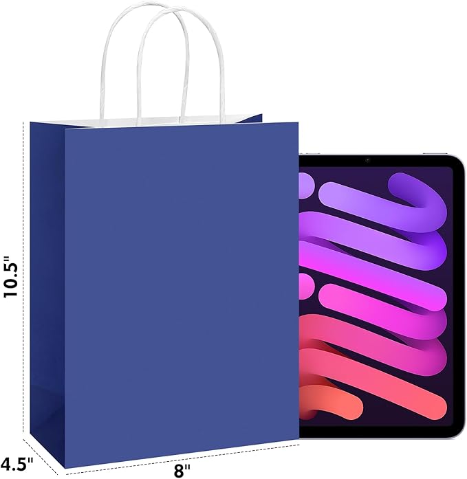 REMTAP Gift Paper Bags 8×4.5×10.5 50Pcs Kraft Bags with Handles Bulk Gift Bag for Wedding Party Craft Retail Packaging, Shopping, Party Favor, Retail Bag (Blue-M-50pcs, 8 * 4.5 * 10.5)