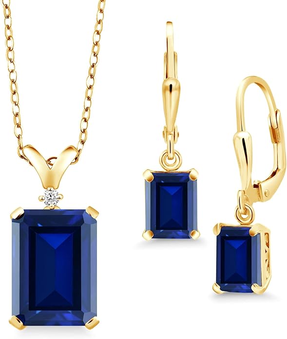 Gem Stone King 9-13 Cttw Pendant and Earrings Jewelry Set For Women | Emerald Cut 14X10MM and 8X6MM | Round 1.5MM | Gemstone Birthstone and Diamond | 925 Sterling Silver | 18 Inch Silver Chain