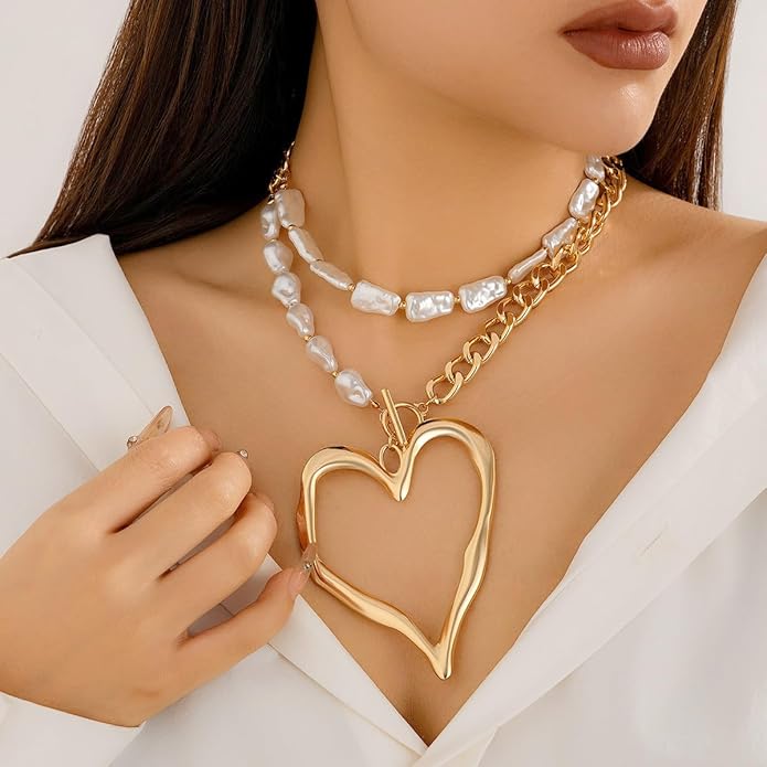 Y2k Large Heart Necklaces for Women Chunky Big Heart Pendant Necklace Exaggerated Layered Love Pearl Choker Necklace Set Dainty Statement Jewelry Gift