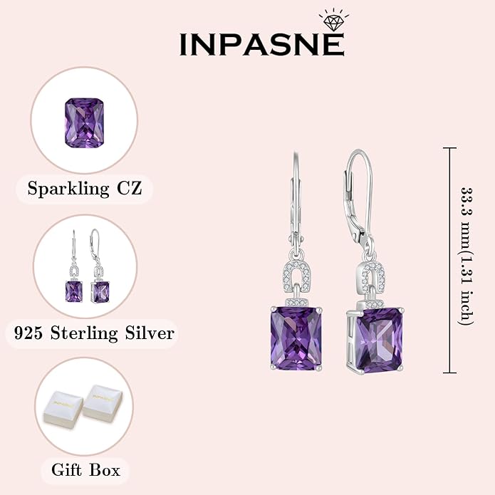 Emerald Cut Earrings 925 Sterling Silver Baguette Birthstone Dangle Drop Leverback Earrings Jewelry Gifts for Women