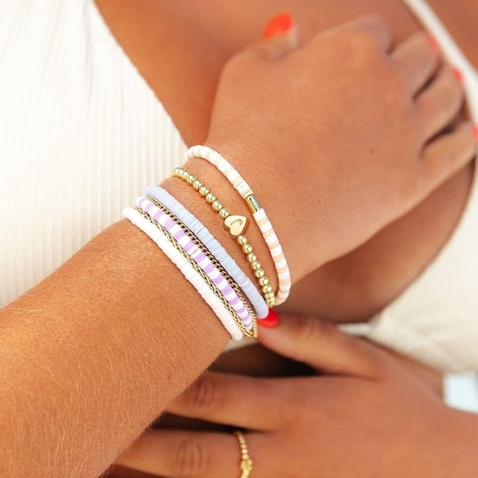 Valentines Day Gifts for Women Her - Dainty Beaded Heart Initial Bracelets Letter A-Z Charm Stretch Bead Ball Bracelet Trendy Jewelry Gifts