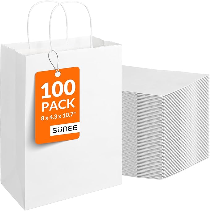 SUNEE Gift Bags with Handles 8x4.3x10.7, 100 Pcs Paper Bags Medium Size Bulk for Gift Wrapping, Retail, Party Favors and Small Business - White