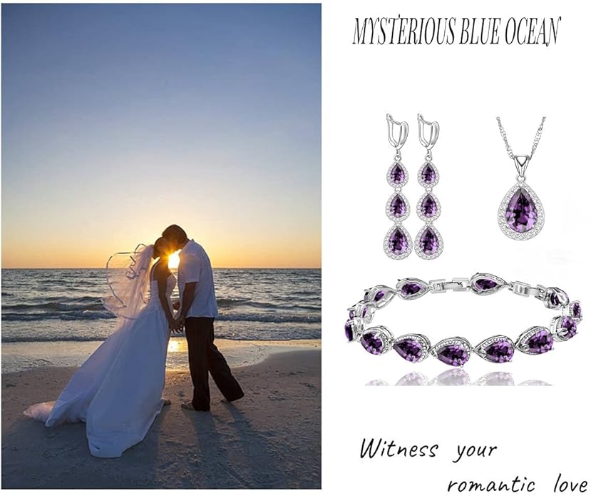 LMXXVJ Necklace Long Earrings Bracelet Set, White Gold Plated Created Blue Sapphire Jewelry Set Wedding Party Gift Jewelry for Women Bridal Bridesmaid