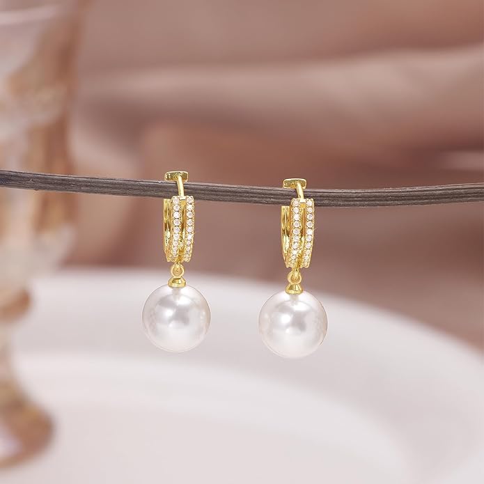 Pearl Earrings for Women 14K Gold Plated Hypoallergenic Pearl Earrings 5A Cubic Zirconia Dangle Earrings Elegant Jewelry