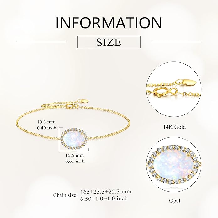 DOVRAN 14K Solid Gold Opal Bracelet Real Yellow Gold Round Opal Cubic Zirconia Bracelet Delicate Jewelry Birthday Gifts for Wife Mom