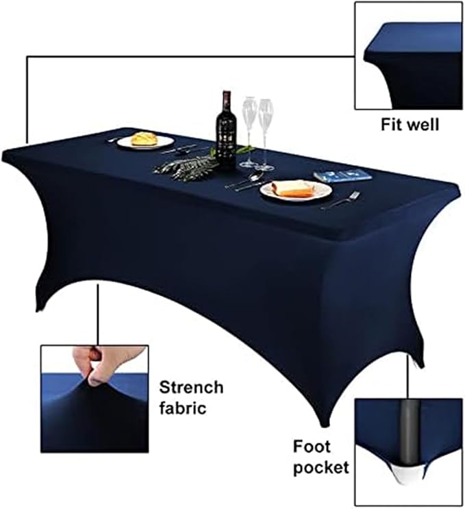 FORLIFE 6Pack Spandex Table Covers 6ft，Fitted Tablecloth for 6ft Rectangular Tables, Stretch Patio Table Covers, Universal Spandex Table Cover for Wedding, Banquet, Party - Navy