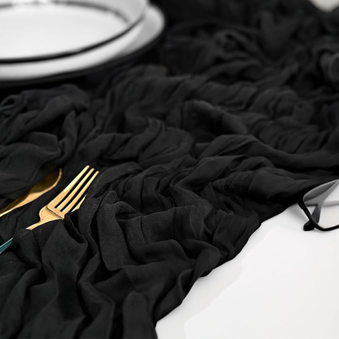10 PCS Pack Black Cheesecloth Table Runner 10ft Boho Gauze Fabric Cheese Cloth Table Runner Comes with 10 Cloth Napkins Runner for Romantic Wedding Birthday Shower Party Table Decoration
