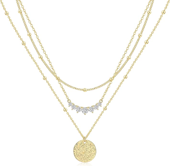 Layered Gold Silver Necklaces for Women, Stackable Stack 14K Real Gold Plated Silver Chain Necklace Diamond Circle CZ Layering Pendant Necklaces Trendy Gold Jewelry Set Gifts