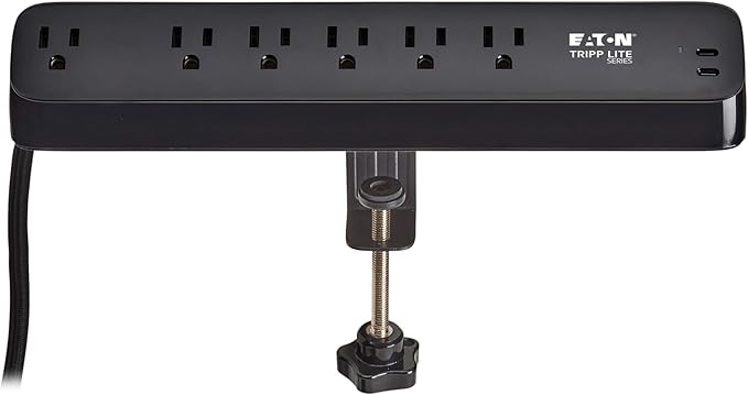 Eaton Tripp Lite series Desk Clamp Power Strip Surge Protector, 6-Outlets, 2x 30W USB-C Charging Ports, 900 Joules, 10ft Braided Flat Extension Cord, Lifetime Manufacturer's Warranty (TLP610U30CLAMPB)