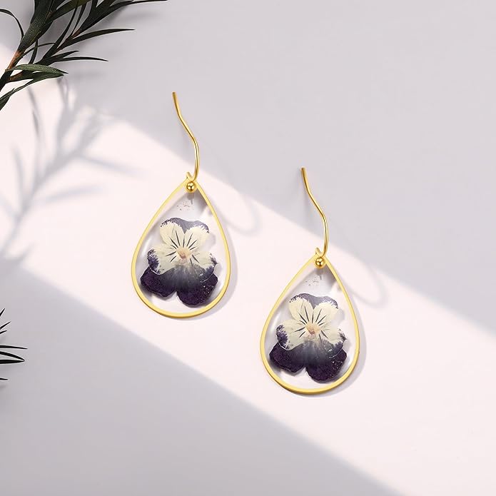 Forget-Me-Not and Queen Anne's Lace Pressed Wildflower Earrings | Pressed Flower Earrings | Handmade Drop and Dangle Earrings | Gift for Woman