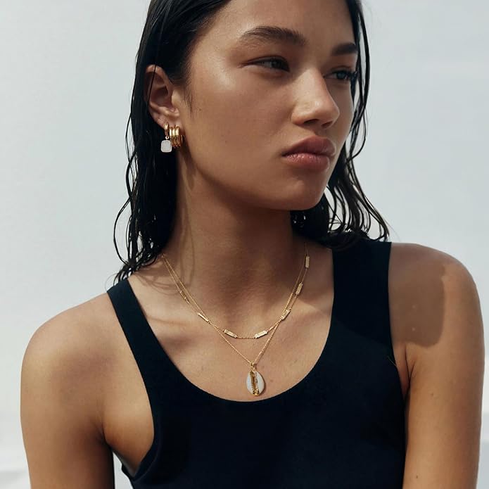 Natural Seashell Shell Scallop Pendant Choker Necklace Adjustable 18K Gold Plated Cable Chain Handmade Jewelry for Women Girls