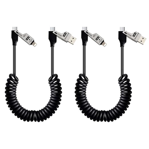 65W 4-in-1 Retractable Fast Charging Cable, 2M/6.5ft Spring Coiled USB-C to L/USB-C/USB-A Multi-Device Cord for iPhone 15/14/13, iPad, Samsung, MacBook, Laptop, Car, Tablet (2)