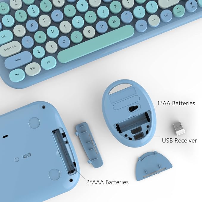 KNOWSQT Wireless Keyboard and Mouse Combo, Light Blue 100 Keys 2.4 GHz Round Keycap Typewriter Keyboards, USB Receiver Plug and Play, for Windows, PC, Laptop, Computer, Desktop