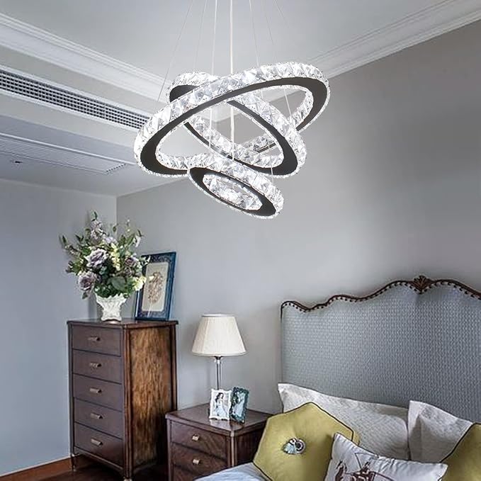 Dimmable Black Modern LED Crystal Chandeliers 3 Rings Pendant Light Adjustable Height Ceiling Lamp for Dinning Room Bedroom Living Room (Dimmable)