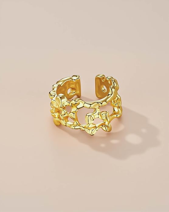 Gold Large Chunky Dainty Shell FULLY ADJUSTABLE Open Ring for Women by SNGIA, Summer Beach Handmade Adjustable Seashell Ring, Minimalist Stackable Ocean Themed Wedding Date Birthday Gift, Bold Exaggerated Irregular Wavy Trendy Ribbed Jewelry, Textured ...