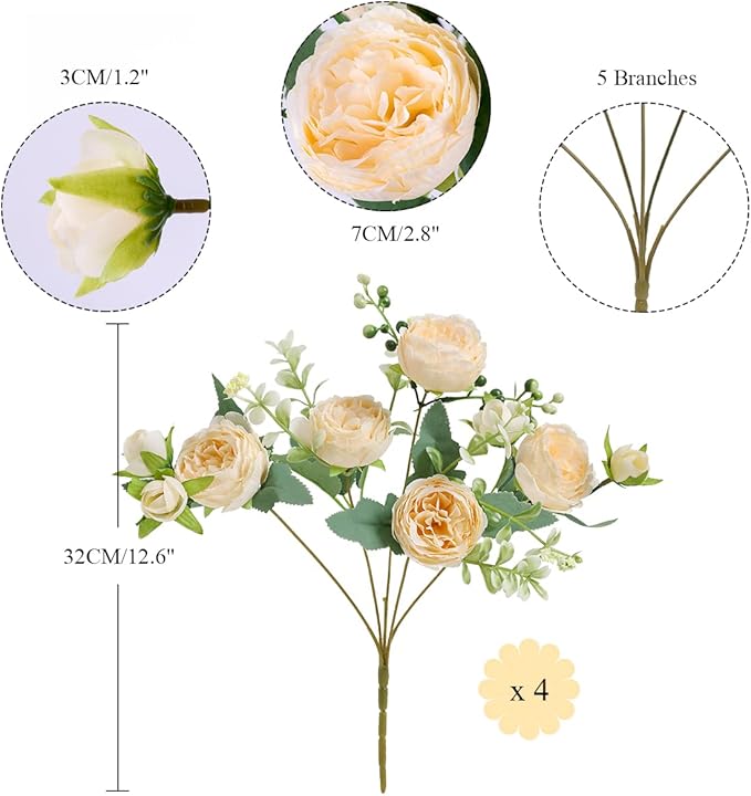 Floweroyal 4 Bunches Peony Artificial Flowers Champagne Flowers Silk Peonies Bouquets for Wedding Party Table Centerpieces Floral Arrangement Home Kitchen Decor.
