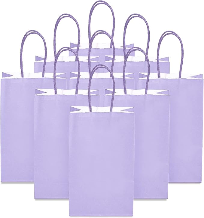 DjinnGlory 100 Pack Small Lavender Purple Paper Gift Bags with Handles Bulk 9''x5.5''x3.15'' for Birthday Wedding Baby Shower Parties Goodies, Purple Business Shopping Bags