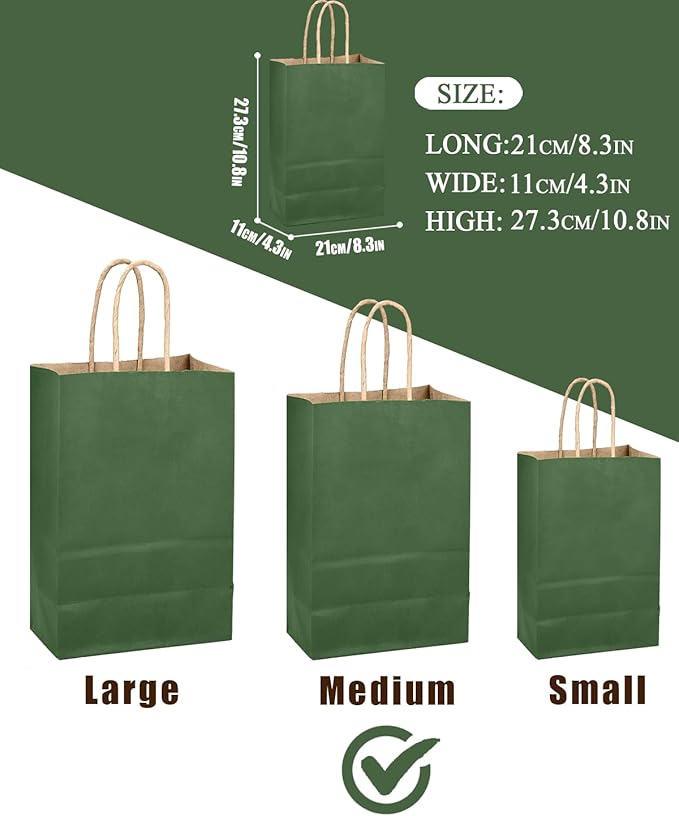 qiqee Dark Olive Green Gift Bag with Handles Bulk 24Pcs Paper Bags -10.6"x8.3"x4.3"Party Favor Bags - Solid Color
