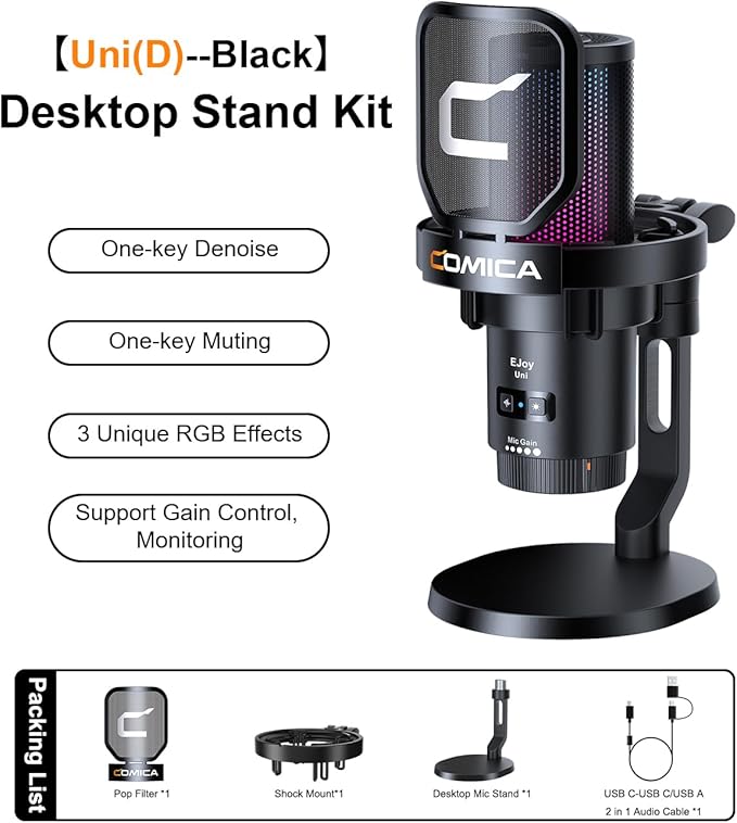 COMICA Ejoy Uni(D) USB Gaming Microphone with Noise Cancellation, RGB Lights, Monitoring, Muting, Streaming Mic for Computer, PS5, PS4, Streaming, Podcast, Chat, Twitch, YouTube, Discord