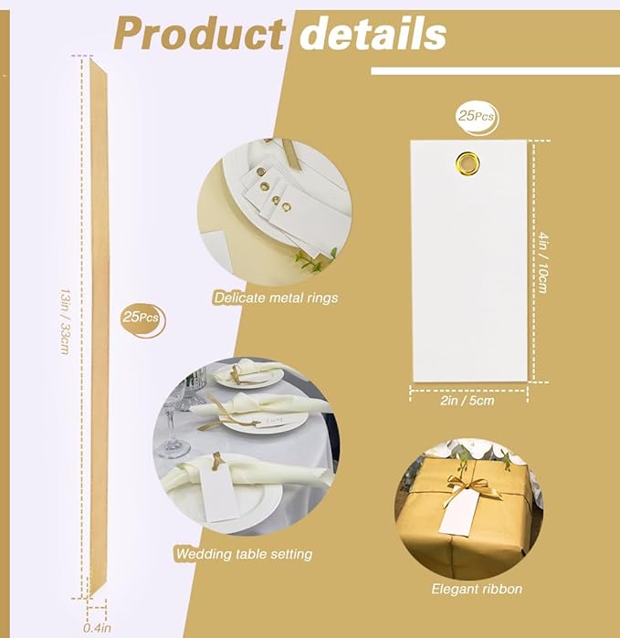 25 Pcs Name Place Cards Blank Seat Card, 2 x 4 in Table Cards with Stain Ribbon, Wedding Place Card, Hanging Tags for Wedding table Setting Reserved Chairs Signs Dinner Banquet Parties.(Gold)