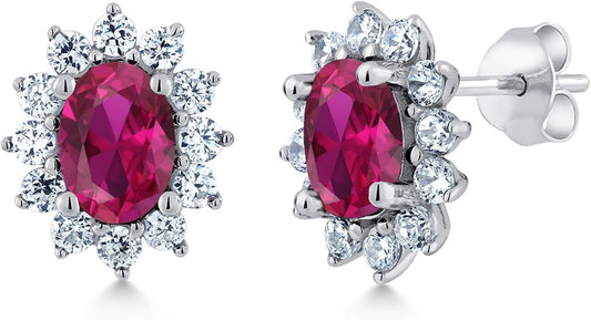Gem Stone King 7X5MM Oval Gemstone Birthstone Stud Earrings For Women | Princess Diana Royal Halo Style | 925 Sterling Silver | Fine Jewelry Gifts for Anniversary Wedding Her Mom Women Wife