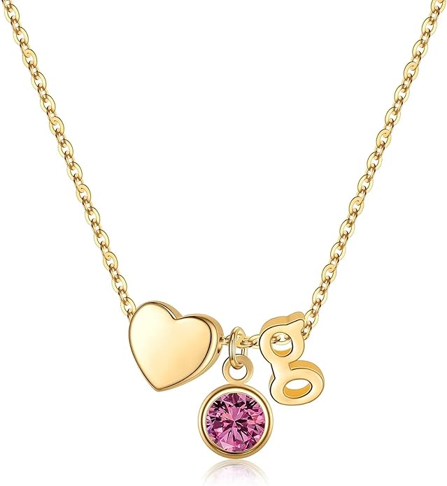 Ursilver Initial Birthstone Necklace for Women - Heart Initial Birthstone Pendant Necklace Personalized Gifts Birthday Gifts for Women