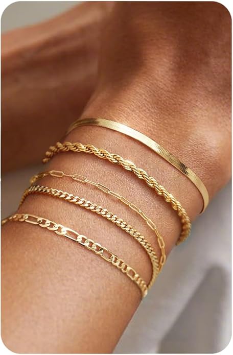 Krfy 5/6Pcs Gold Plated Bracelets for Women Trendy, S925 Plated Silver Bracelet Stack, Non Tarnish Waterproof Bracelets for Women, Paperclip Herringbone Figaro Cuban Twist Chains, Size 6.5''+2''