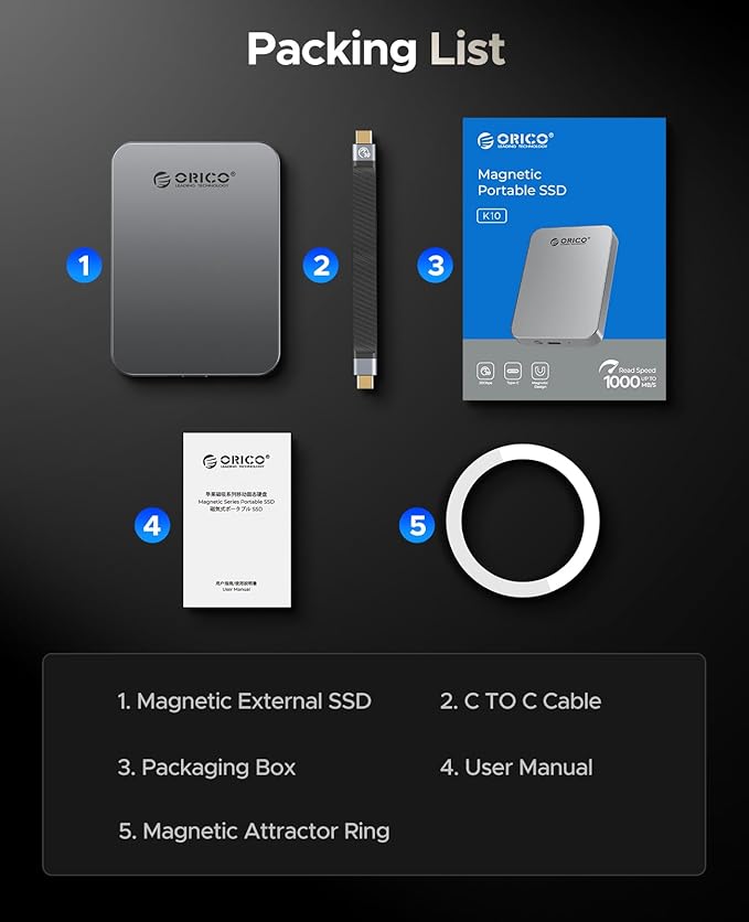 ORICO 1TB Magnetic SSD, PD100W Charging, 4K ProRes HDR, 1000MB/s USB 3.2, Portable External Drive for iPhone 16/15, Laptops, Tablets - Aluminum Alloy, Drop Resistant - K10