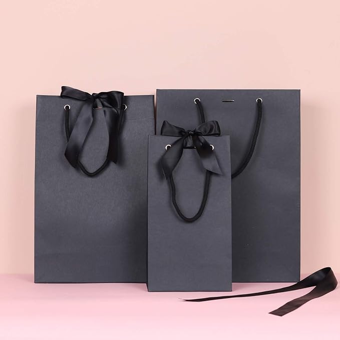 PAPERIST 12pcs Elegance Gift Bag with Satin Bows Ribbon, Sturdy Durable Thick Gift Bag, Black gift bag with Black handle and Ribbon, Gift bag for Wedding, Christmas, Birthday Party, Bridal Shower