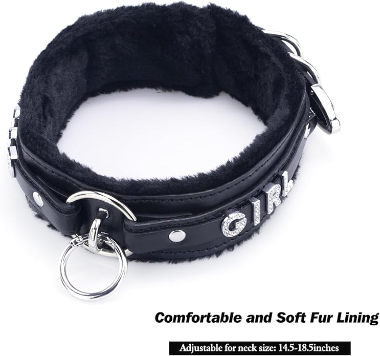 Sparkle Letter Choker Collar For Women, Furry O-ring Leather Collar Punk Gothic Choker Necklace Adjustable Fashion Jewelry, Black