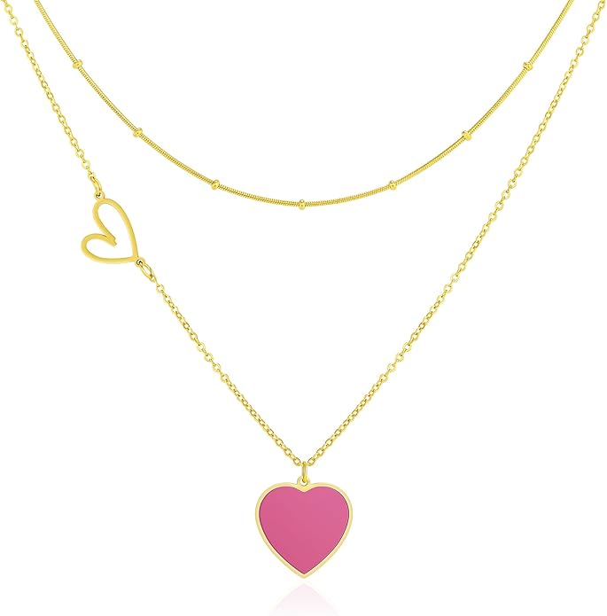 Linawe Layered Choker Heart Pendant Necklace for Women Trendy, Gold/Silver/Rose Gold Chain Stainless Steel Stacked Necklaces, Double Heart Necklace Y2K Preppy Jewelry